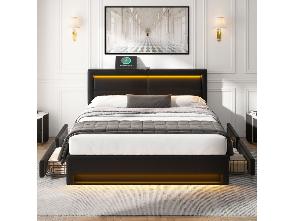 Lit noir avec rangement, 140 x 190 cm