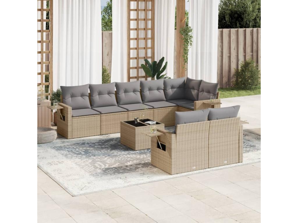 Ensemble de mobilier de jardin 9 pièces en résine tressée beige, avec coussins