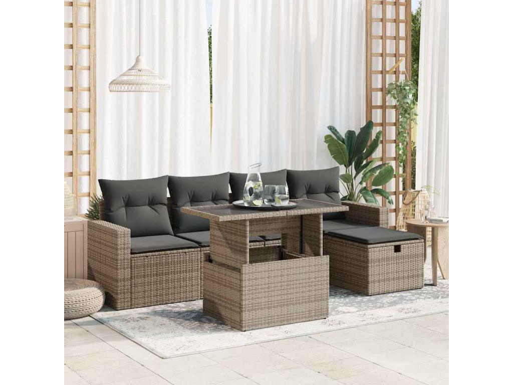Ensemble de mobilier de jardin 6 pièces en résine tressée grise, avec coussins - dlz1766573006293