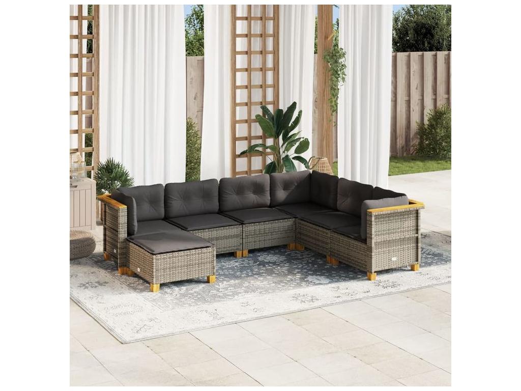 Ensemble de mobilier de jardin 7 pièces en résine tressée grise, avec coussins - dlz1766572866085