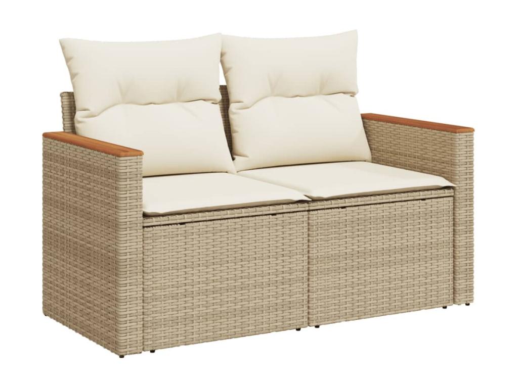 Ensemble de mobilier de jardin 7 pièces en résine tressée beige, avec coussins