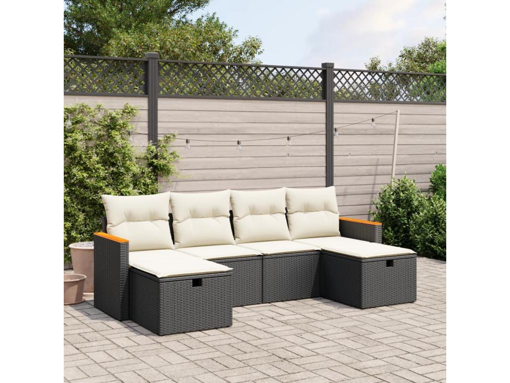 Ensemble de mobilier de jardin 6 pièces en résine tressée noire avec coussins - dlz1766573008845