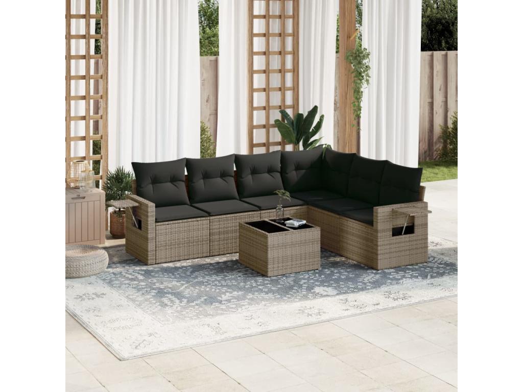 Ensemble de mobilier de jardin 7 pièces en résine tressée grise, avec coussins