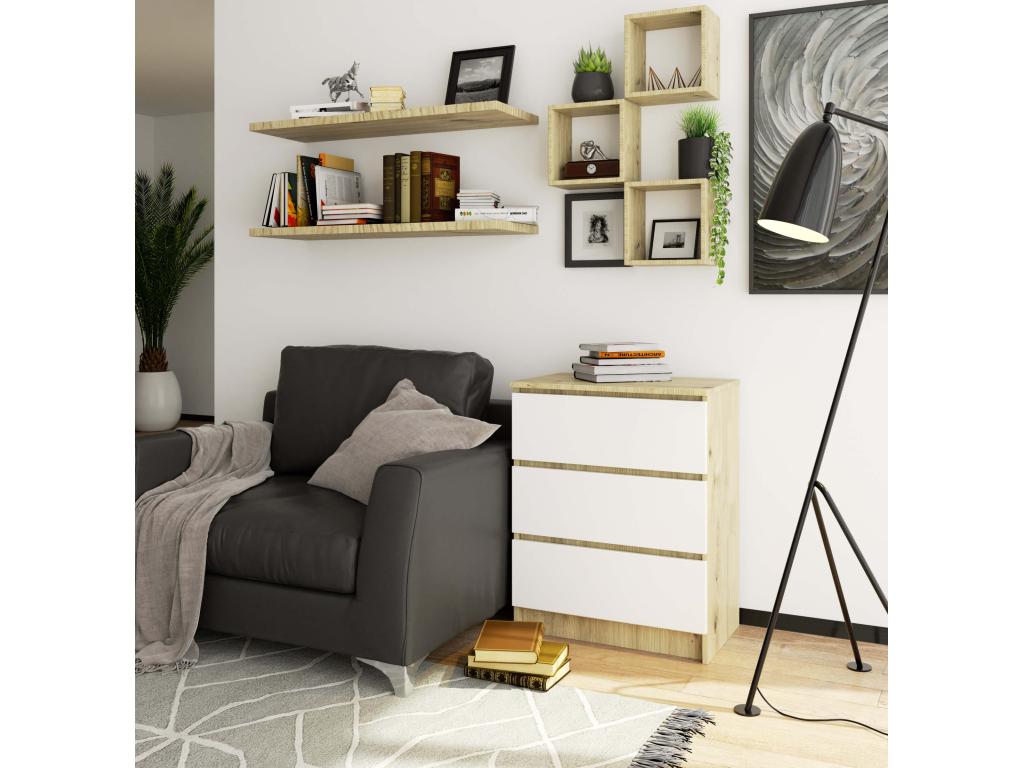 Commode en chêne blanc à 3 tiroirs, 60 x 40 x 77 cm