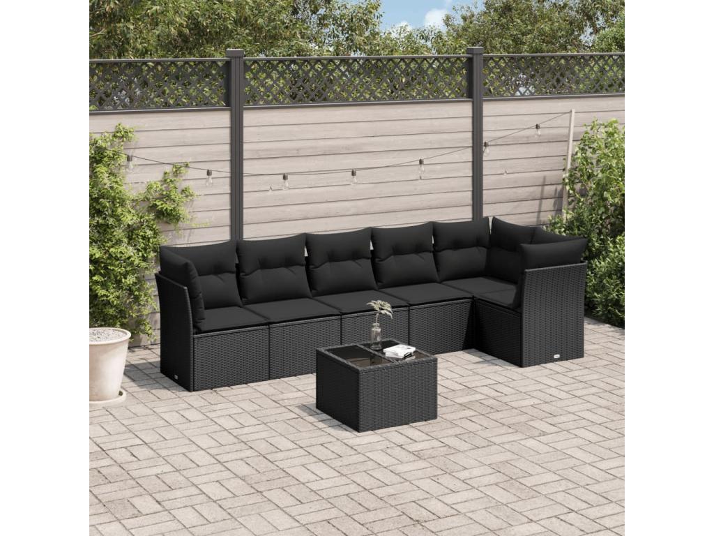 Ensemble de mobilier de jardin 7 pièces en résine tressée noire, avec coussins - dlz1766572751505