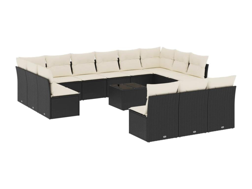 Ensemble de mobilier de jardin 14 pièces en résine tressée noire, avec coussins