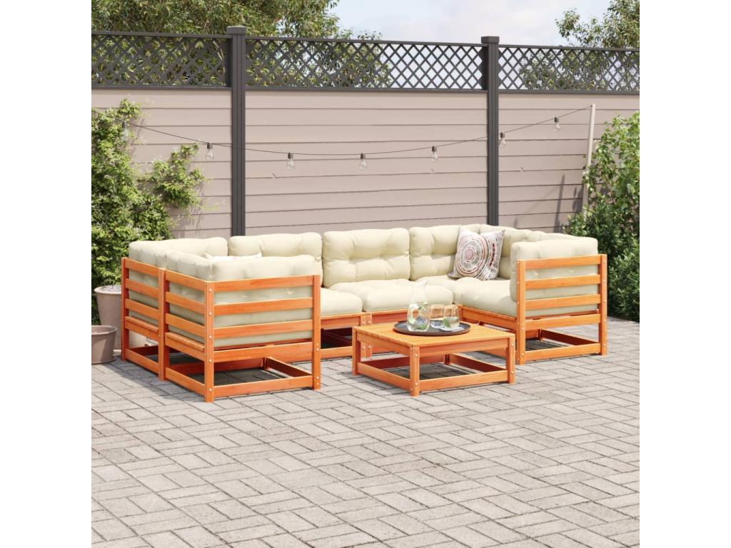 Ensemble de mobilier de jardin 7 pièces en pin brun avec coussins