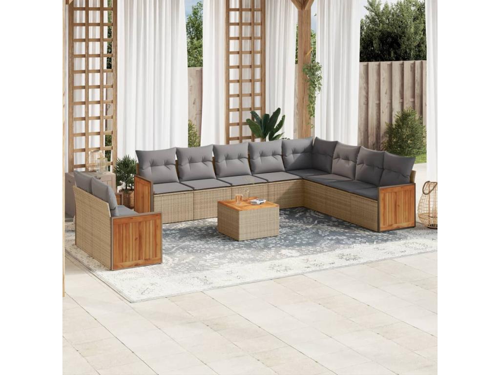 Ensemble de mobilier de jardin 11 pièces en résine tressée beige, avec coussins - dlz1766572482492