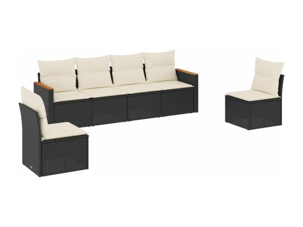 Ensemble de mobilier de jardin 6 pièces en résine tressée noire, avec coussins
