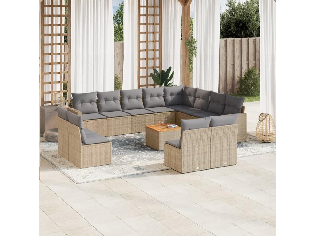 Ensemble de mobilier de jardin 13 pièces en résine tressée beige, avec coussins