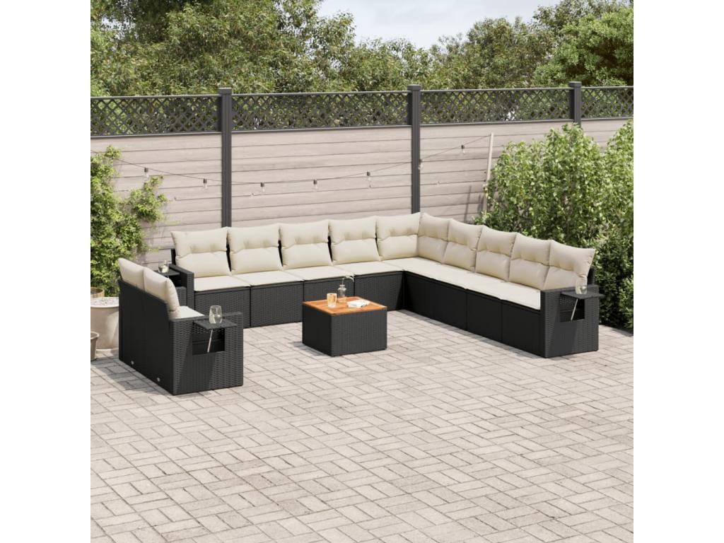 Ensemble de mobilier de jardin 12 pièces en résine tressée noire, avec coussins