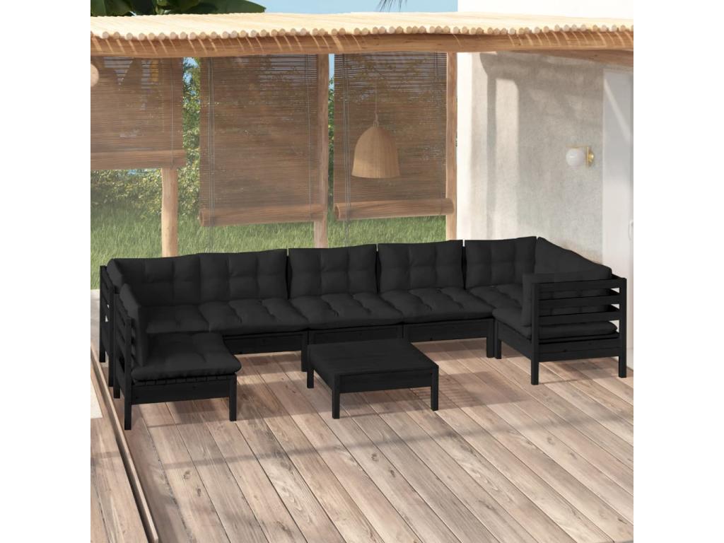 Ensemble de mobilier de jardin 8 pièces en pin noir, avec coussins