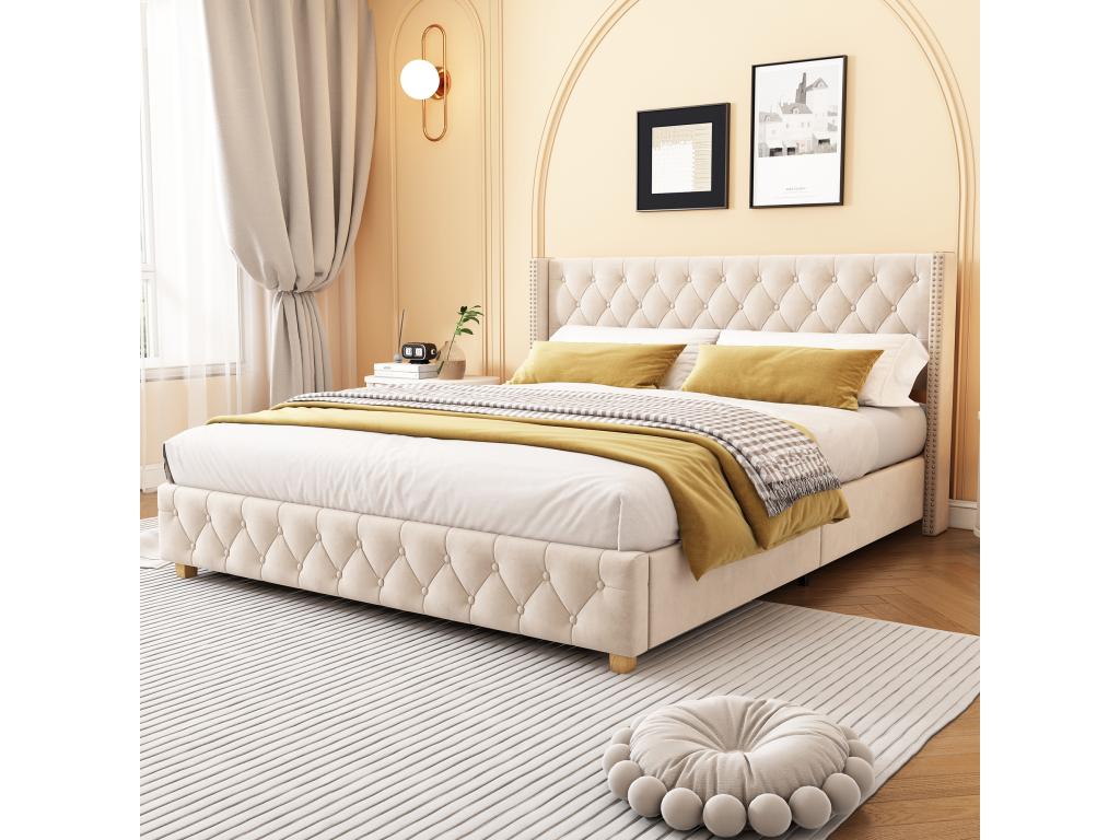Lit en velours beige, 160 x 200 cm