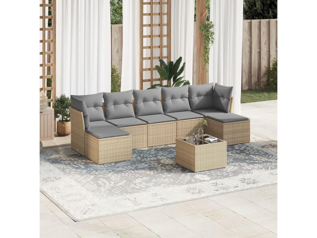 Ensemble de mobilier de jardin 8 pièces en résine tressée beige, avec coussins - dlz1766572377906