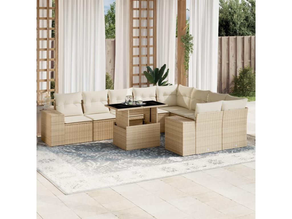 Ensemble de mobilier de jardin 10 pièces en résine tressée beige, avec coussins - dlz1766572443037