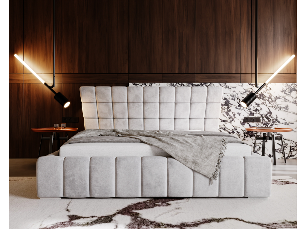Lit en velours gris avec rangement, 140 x 200 cm