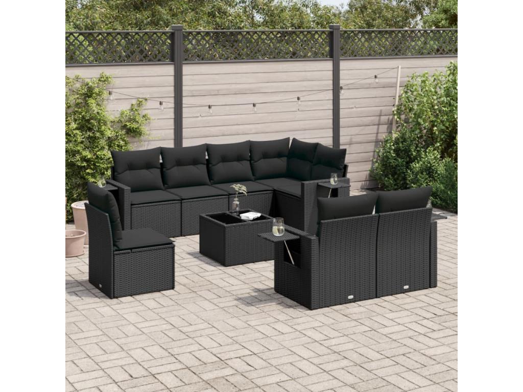 Ensemble de mobilier de jardin 9 pièces en résine tressée noire avec coussins - dlz1766572852250