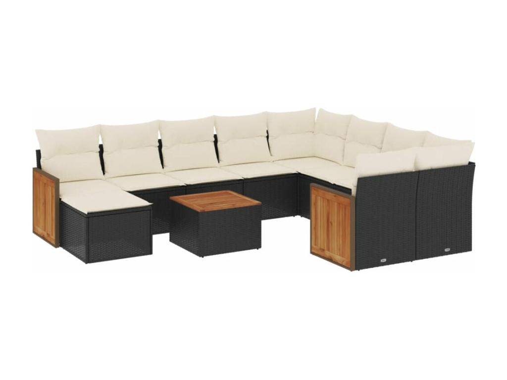 Ensemble de mobilier de jardin 11 pièces en résine tressée noire, avec coussins