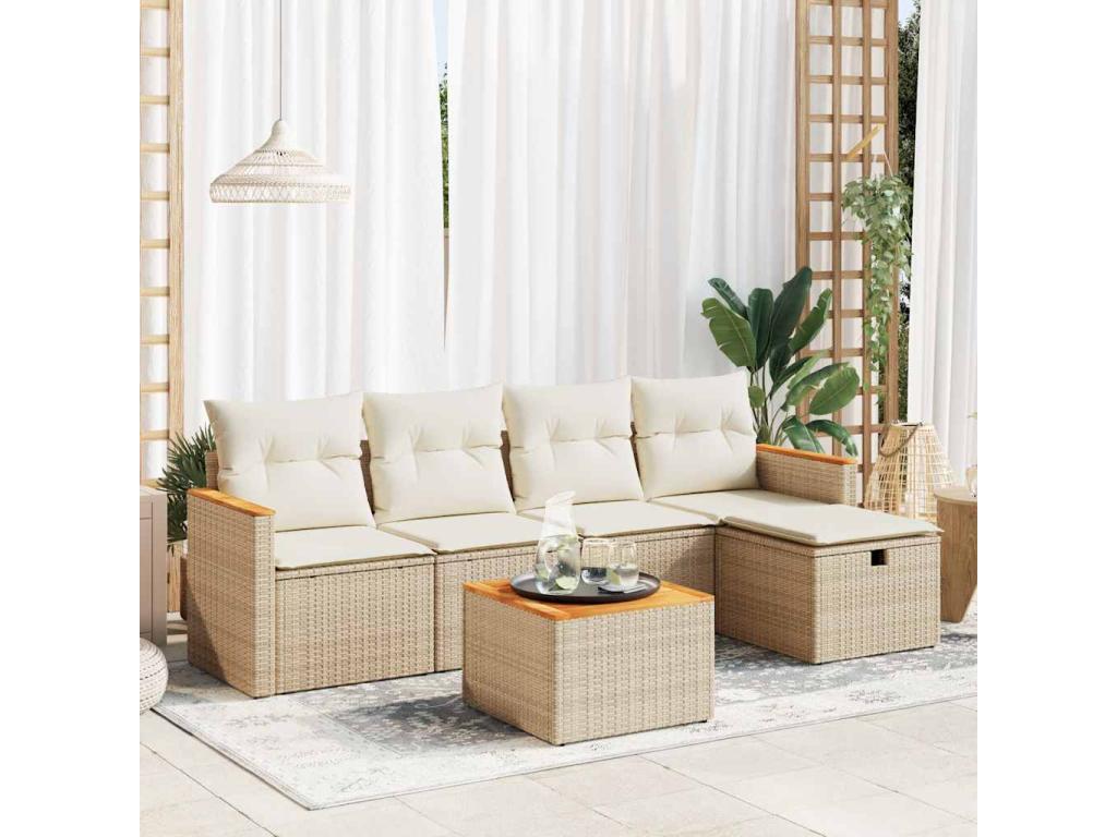 Ensemble de mobilier de jardin 6 pièces en résine tressée beige, avec coussins - dlz1766572735234