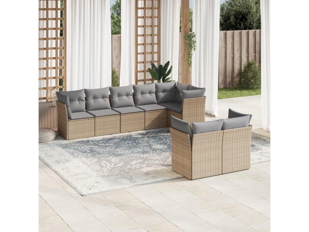 Ensemble de mobilier de jardin 8 pièces en résine tressée beige, avec coussins - dlz1766572499211