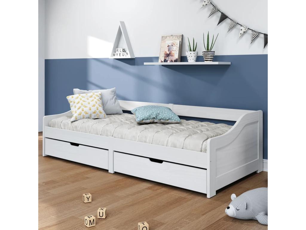 Lit en pin blanc à 2 tiroirs, 90 x 200 cm