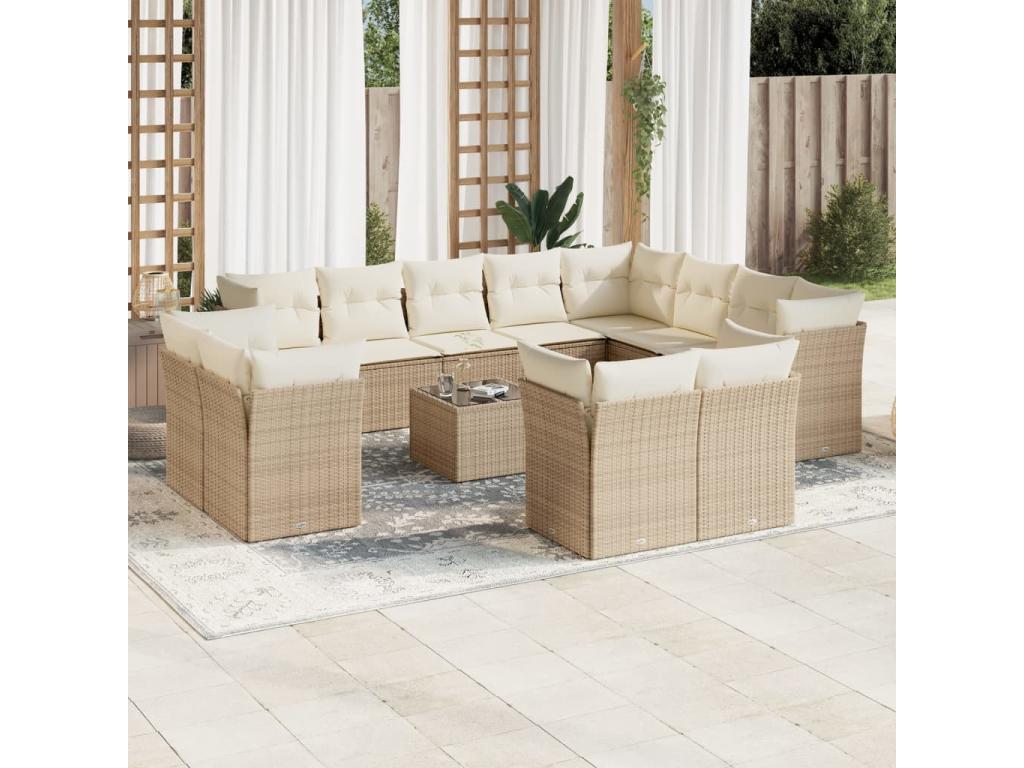 Ensemble de mobilier de jardin 13 pièces en résine tressée beige, avec coussins - dlz1766573058699