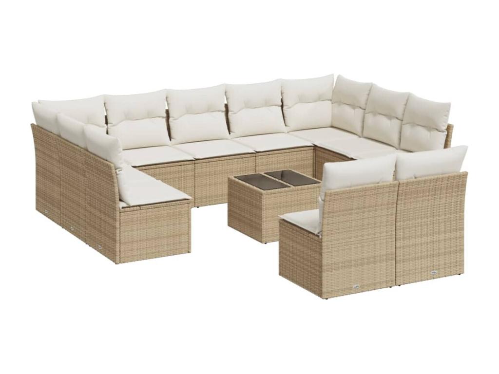Ensemble de mobilier de jardin 12 pièces en résine tressée beige, avec coussins