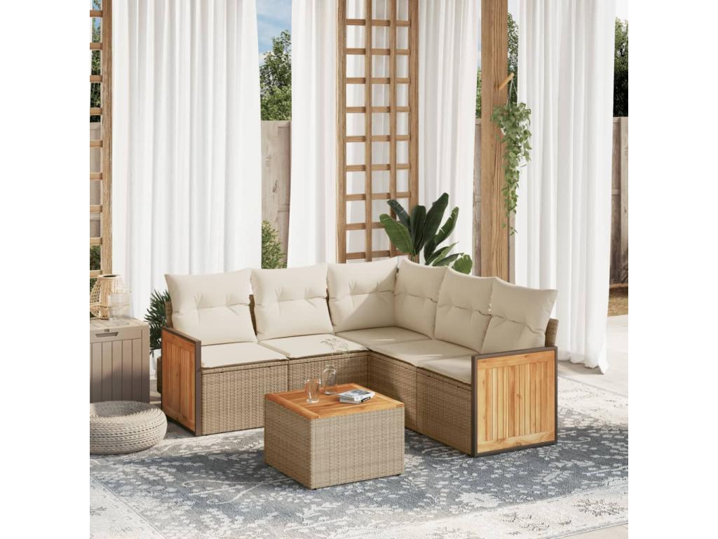 Ensemble de mobilier de jardin 6 pièces en résine tressée beige, avec coussins