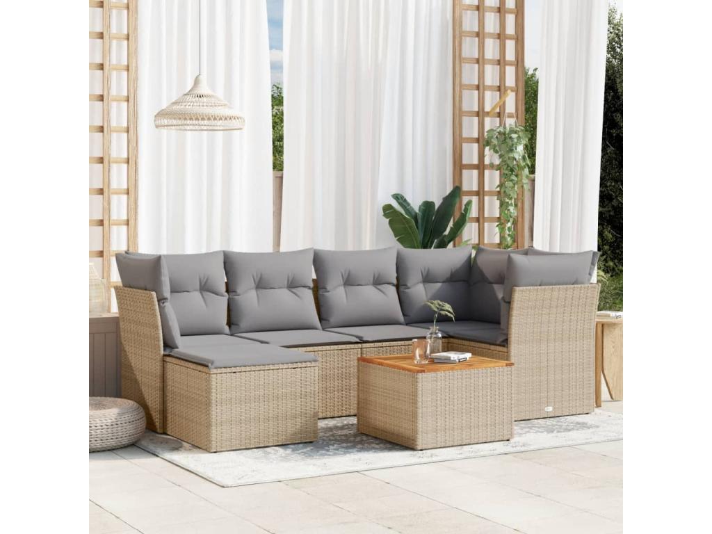 Ensemble de mobilier de jardin 7 pièces en résine tressée beige, avec coussins - dlz1766572968979