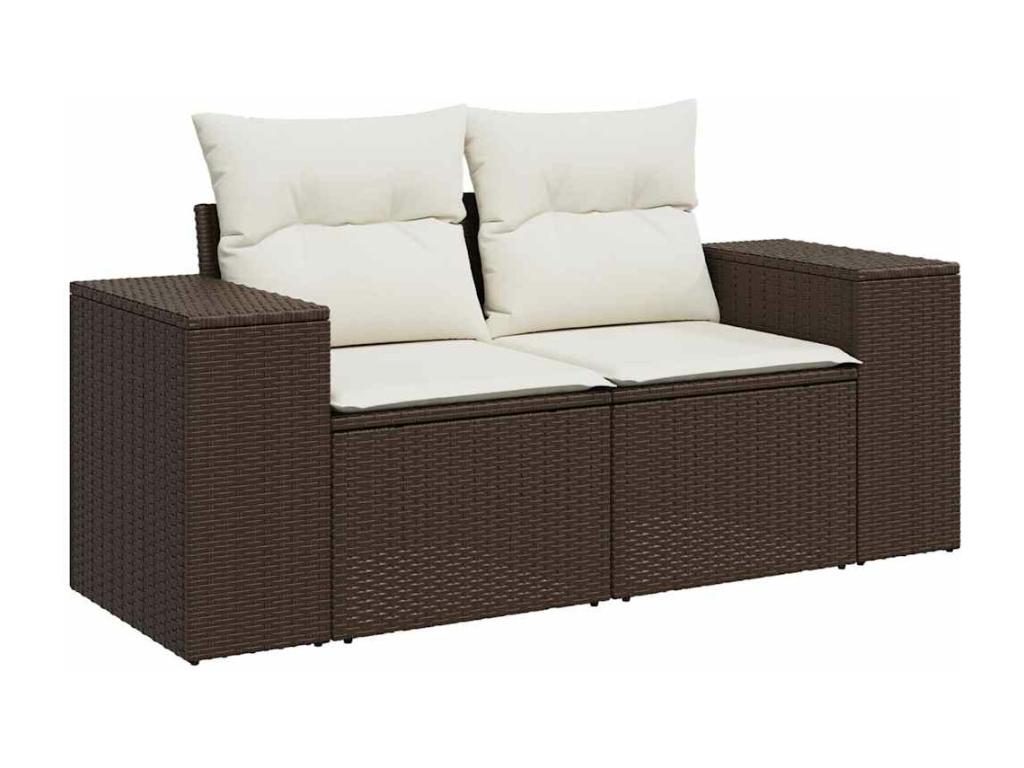 Ensemble de mobilier de jardin 7 pièces en résine tressée marron, avec coussins
