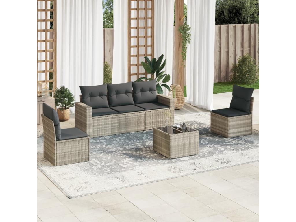 Ensemble de mobilier de jardin 6 pièces en résine tressée grise avec coussins - dlz1766572914403