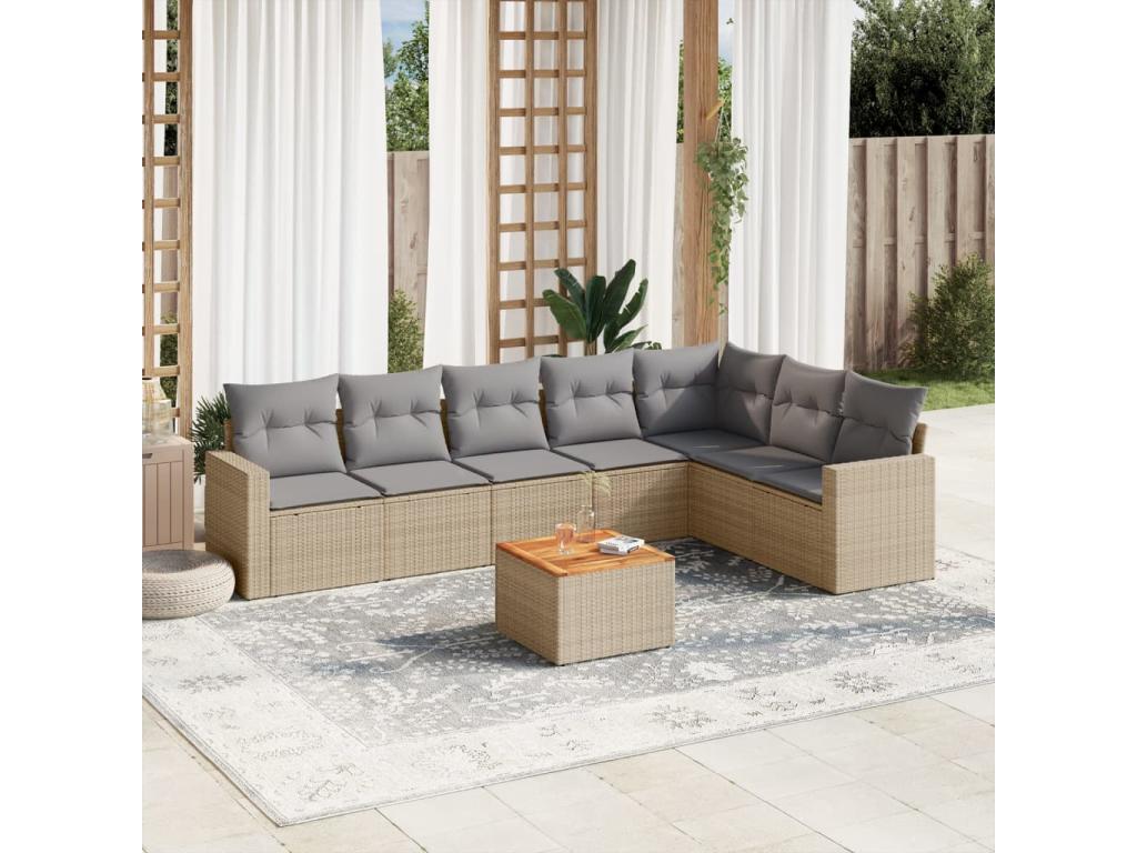 Ensemble de mobilier de jardin 8 pièces en résine tressée beige, avec coussins - dlz1766572542538