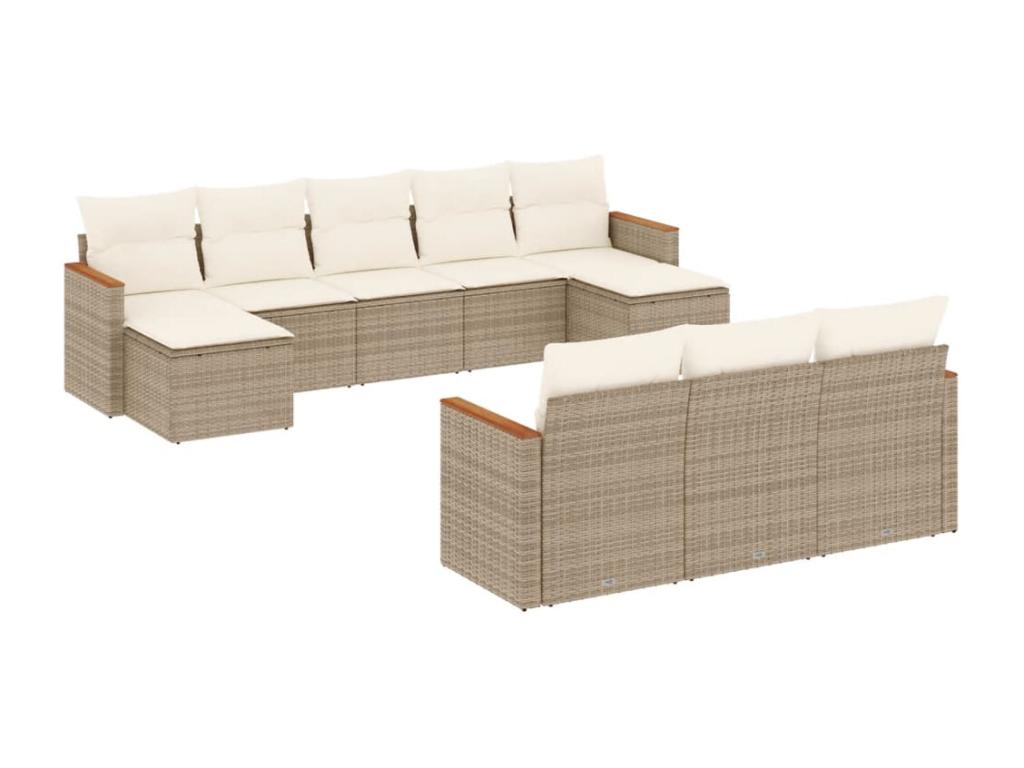 Ensemble de mobilier de jardin 10 pièces en résine tressée beige, avec coussins