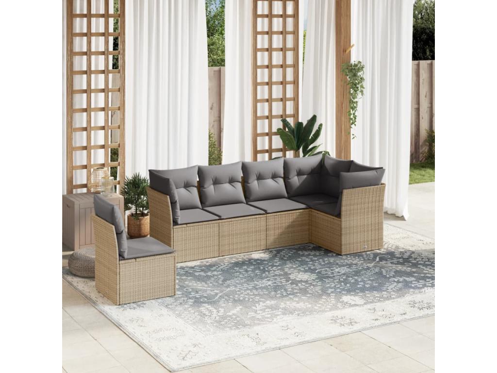 Ensemble de mobilier de jardin 6 pièces en résine tressée beige, avec coussins - dlz1766572713100