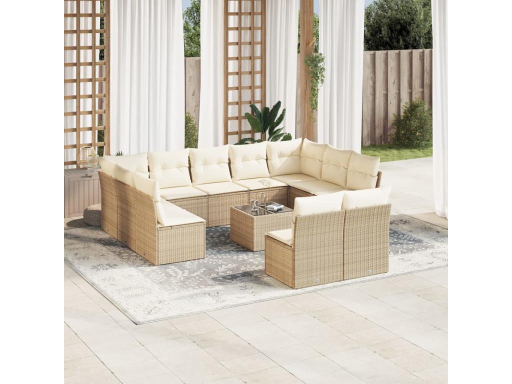 Ensemble de mobilier de jardin 12 pièces en résine tressée beige, avec coussins