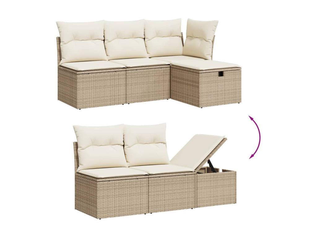 Ensemble de mobilier de jardin 8 pièces en résine tressée beige, avec coussins