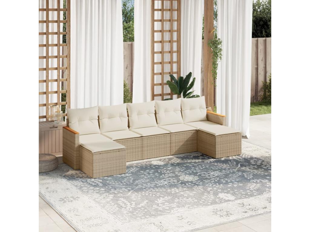 Ensemble de mobilier de jardin 7 pièces en résine tressée beige, avec coussins