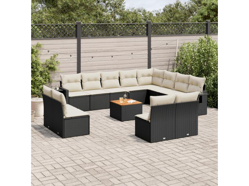 Ensemble de mobilier de jardin 13 pièces en résine tressée noire, avec coussins