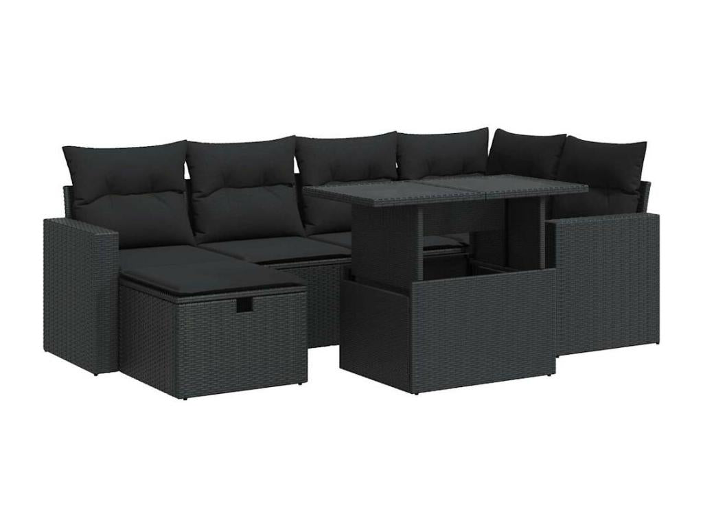 Ensemble de mobilier de jardin 7 pièces en résine tressée noire, avec coussins - dlz1766572838753