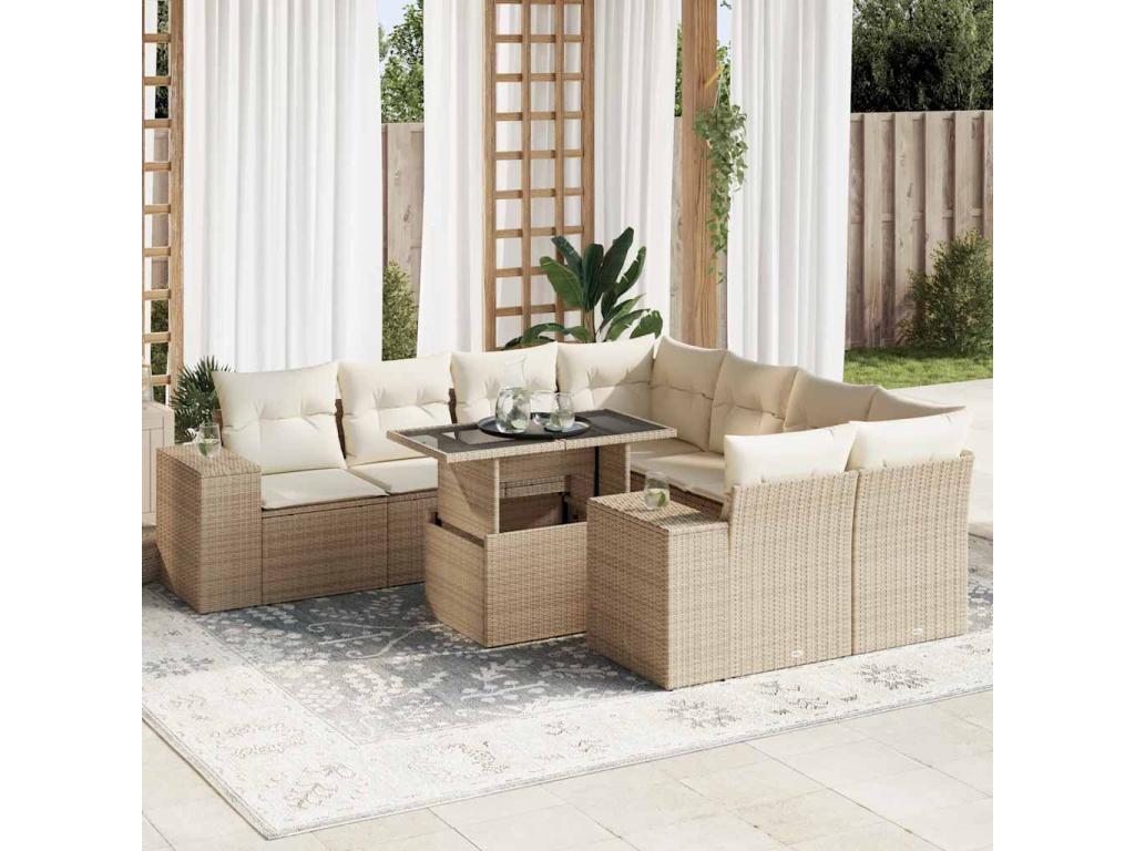 Ensemble de mobilier de jardin 9 pièces en résine tressée beige, avec coussins - dlz1766572741066