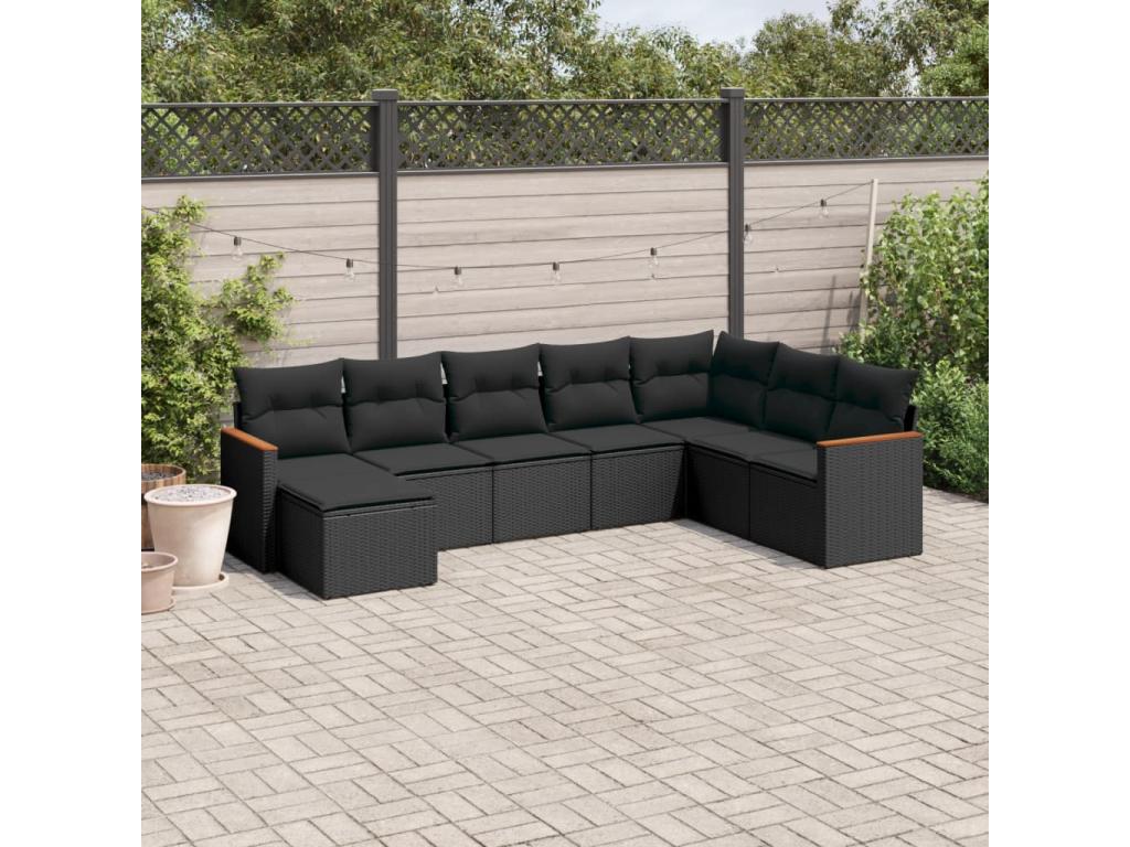 Ensemble de mobilier de jardin 8 pièces en résine tressée noire avec coussins - dlz1766573053910