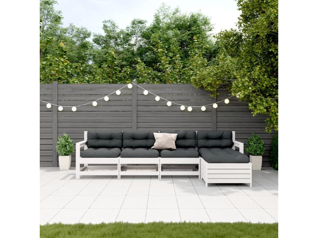 Ensemble de mobilier de jardin 5 pièces en bois massif blanc, avec coussins