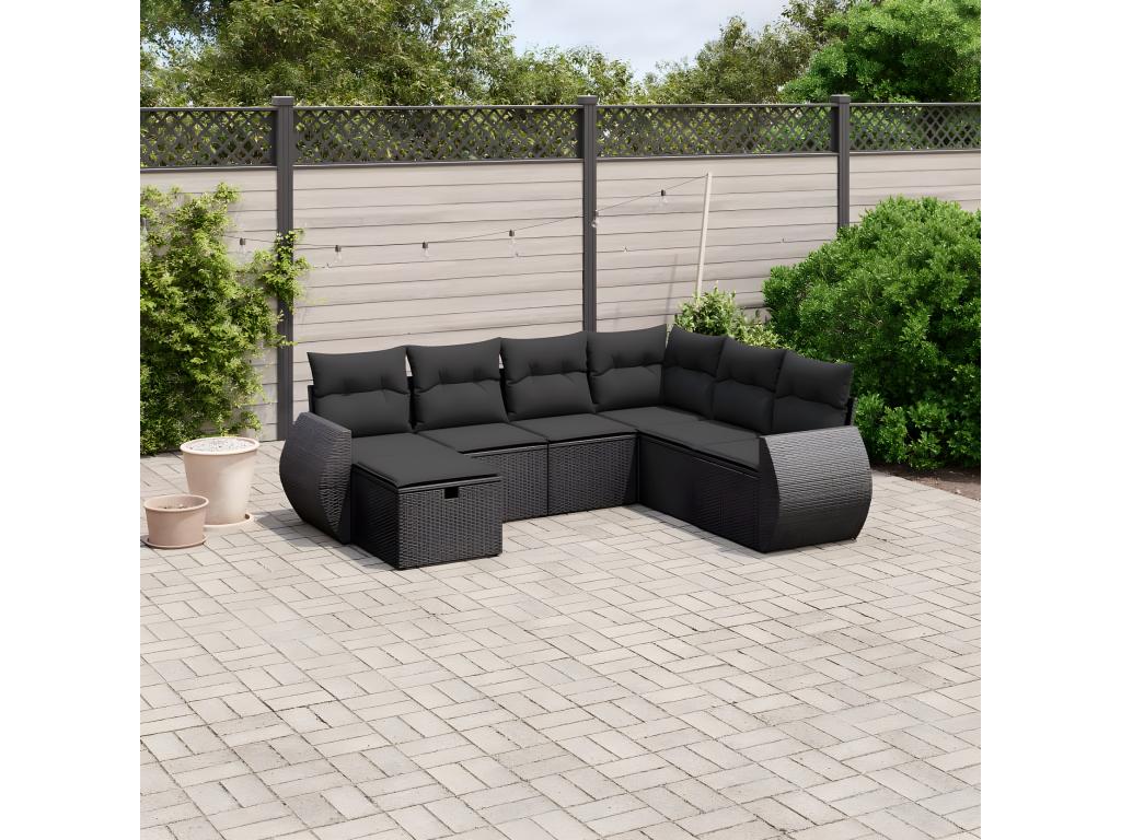 Ensemble de mobilier de jardin 7 pièces en résine tressée noire, avec coussins - dlz1766572724670