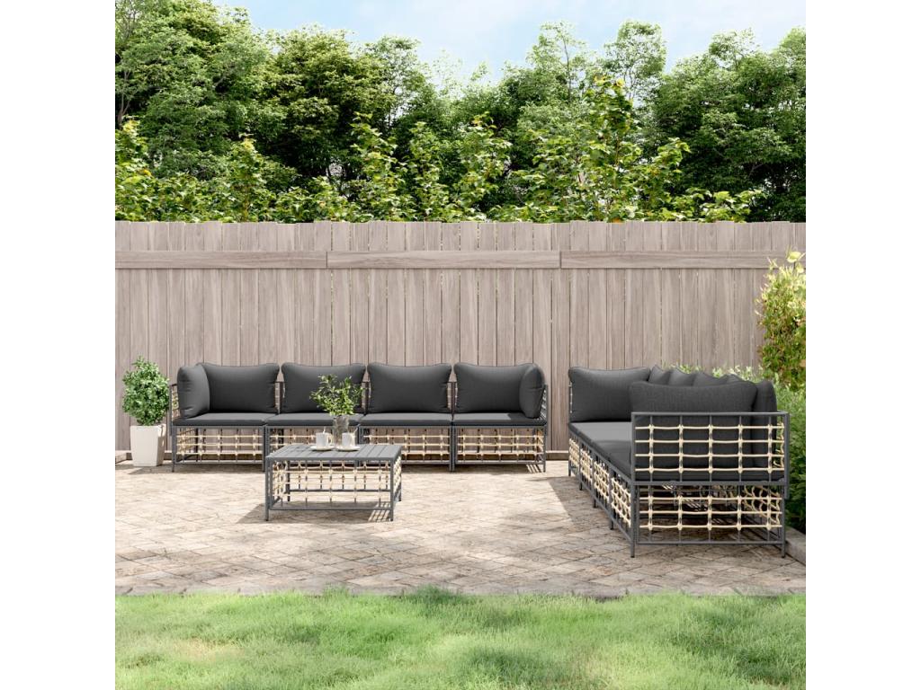 Ensemble de mobilier de jardin 9 pièces en résine tressée grise, avec coussins - dlz1766572693214