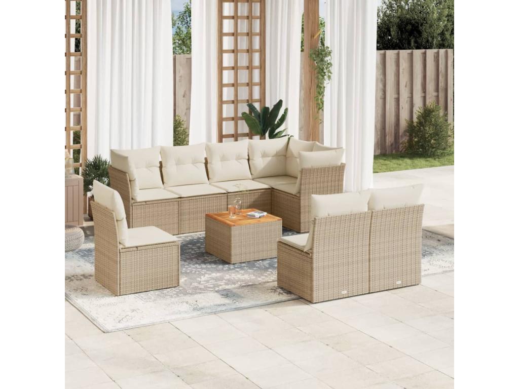Ensemble de mobilier de jardin 9 pièces en résine tressée beige, avec coussins - dlz1766572400339
