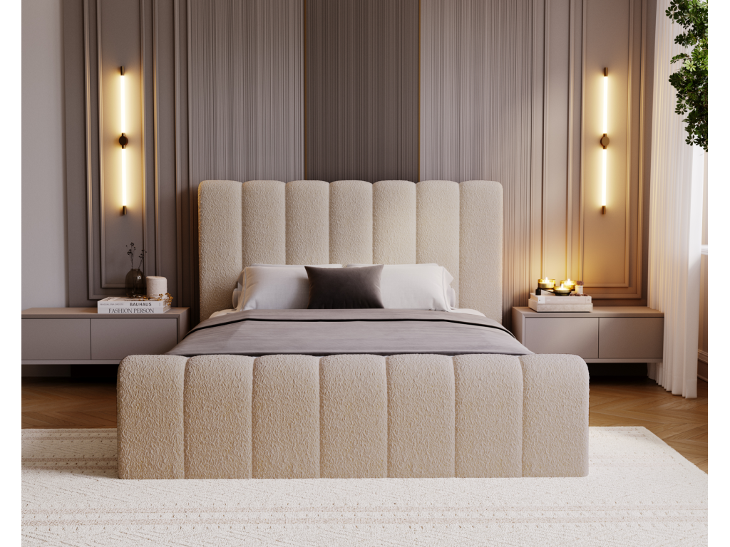 Sommier en tissu bouclé beige avec rangement, 160 x 200 cm