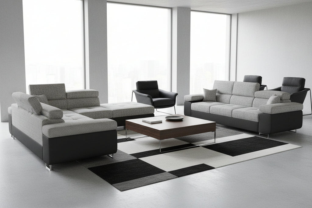 Canapé-lit en cuir gris avec rangement, 280 cm