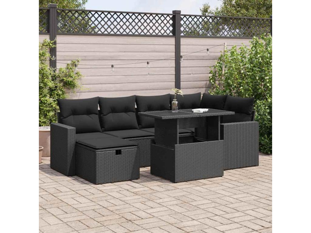Ensemble de mobilier de jardin 7 pièces en résine tressée noire, avec coussins - dlz1766572838753