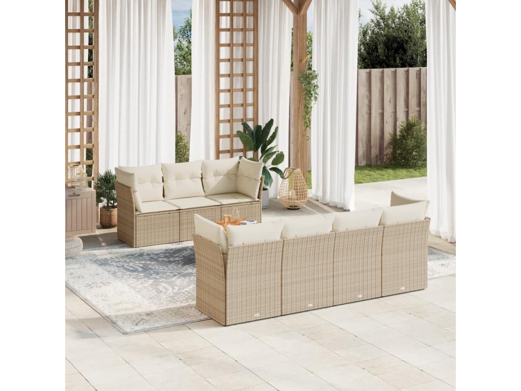 Ensemble de mobilier de jardin 8 pièces en résine tressée beige, avec coussins - dlz1766572409917