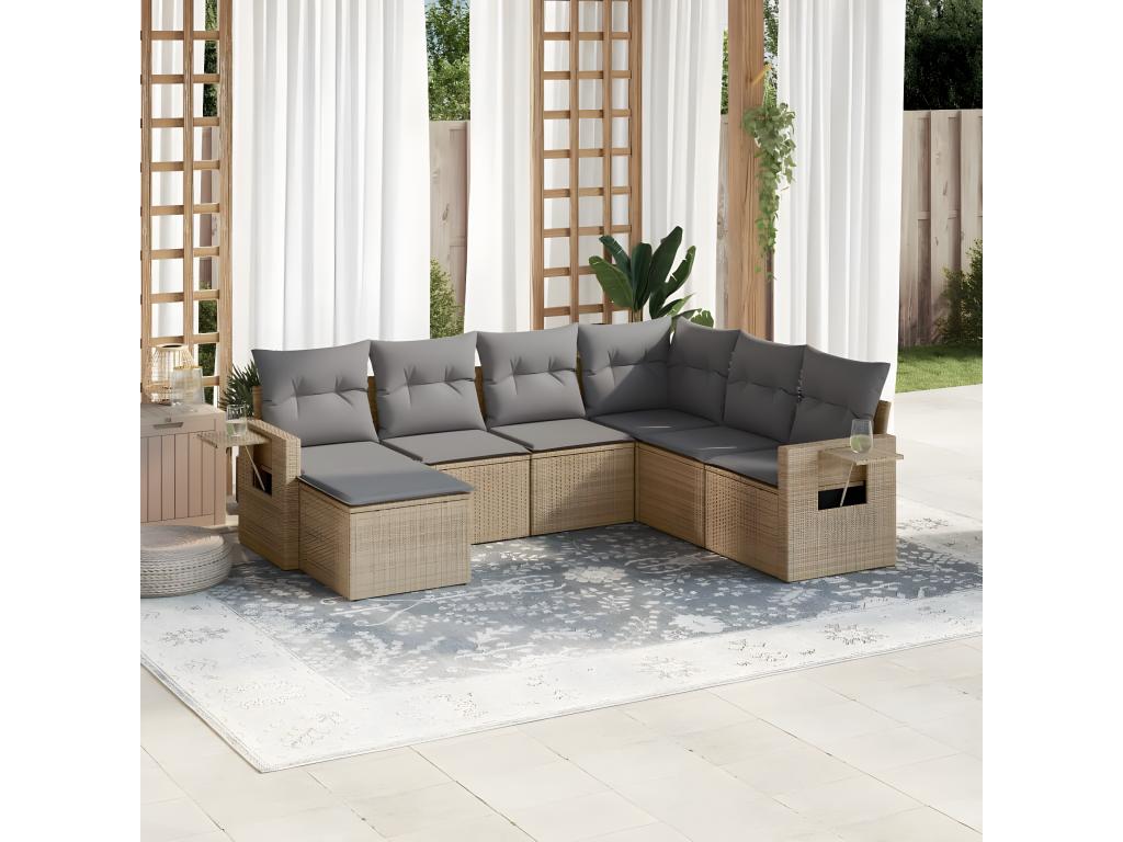 Ensemble de mobilier de jardin 7 pièces en résine tressée beige, avec coussins - dlz1766572484719